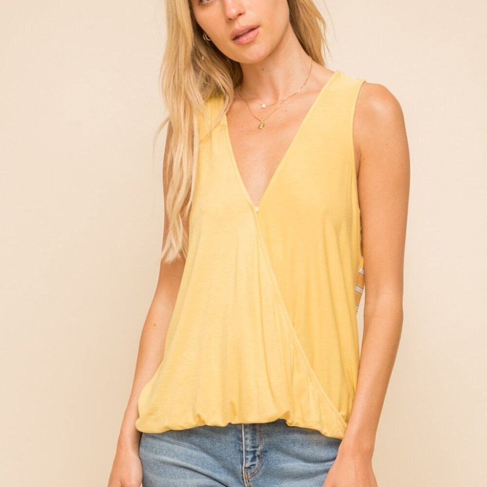 HEM & THREAD Mustard Yellow Sleeveless Wrap Tank Top, Striped Back Detail